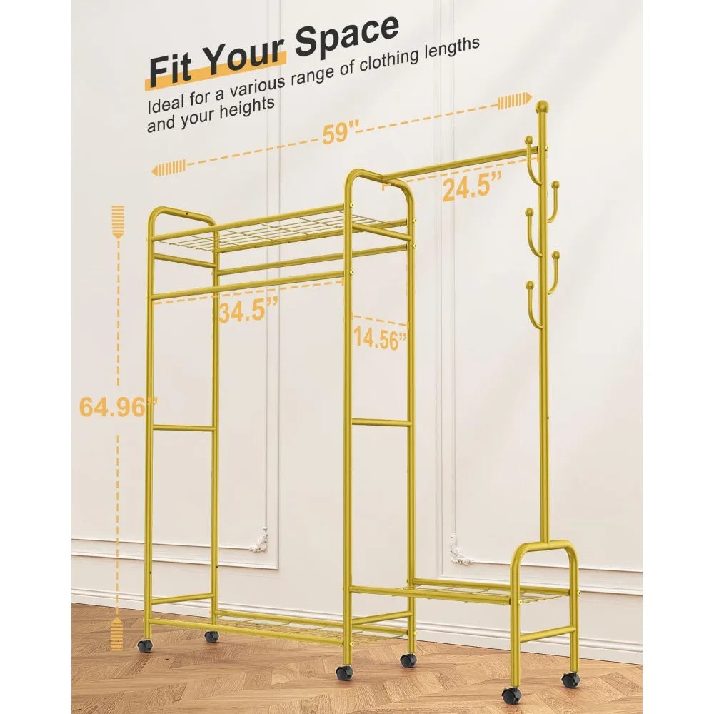 Heavy Duty 3-in-1 Portable Garment Rack with Coat Hooks and Shelves, Holds 620lbs