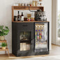 Wine bar cabinet with fridge space and top display hutch for home entertainment, black metal and wood, sleek modern design with
