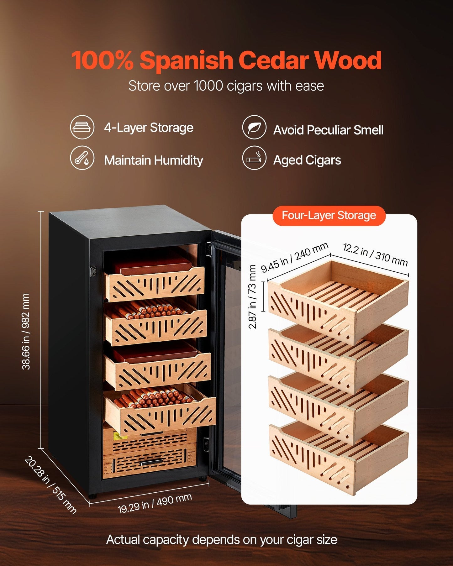 105L Electric Cigar Humidor Cooler Cabinet 1000 Counts With Compressor