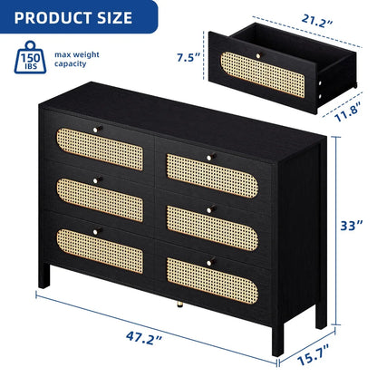 6-Drawer Rattan Closet Adjustable Height Storage Cabinet Sideboard Bedroom
