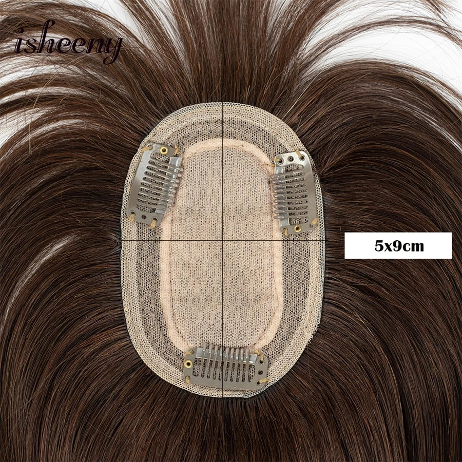 isheeny Dark Brown Human Hair Toppers 8x12cm Real Natural Invisible Top Hairpiece 8-14 inches Black Blonde Clip In Hair Piece