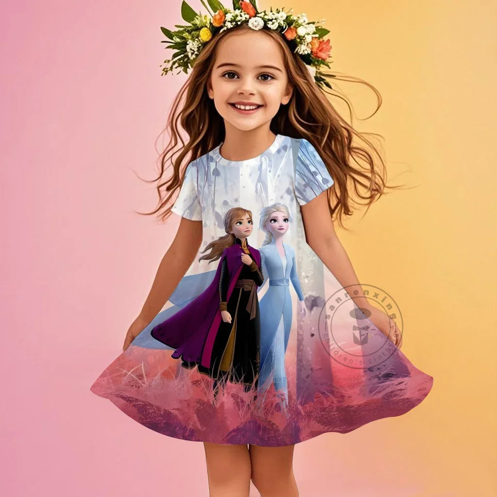 2025 Children Short-Sleeved Dress Cute Princess Series Elsa 3D Print Skirt Summer Baby Girl Clothes Original Brand Clothing