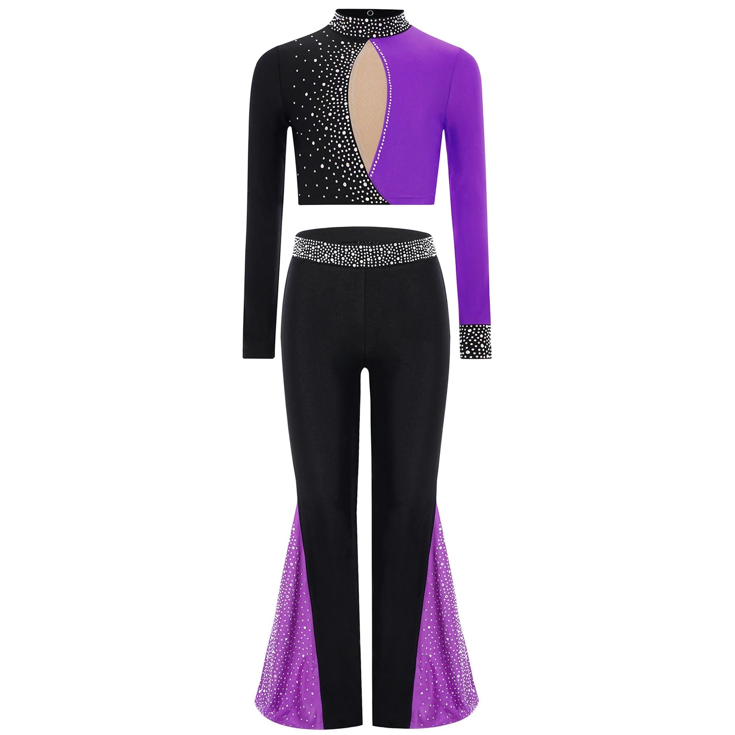Kids Girls Lyrical Jazz Dance Costume Figure Skating Gymnastics Dancewear Long Sleeve Color Block Crop Top+Bell-Bottomed Pants