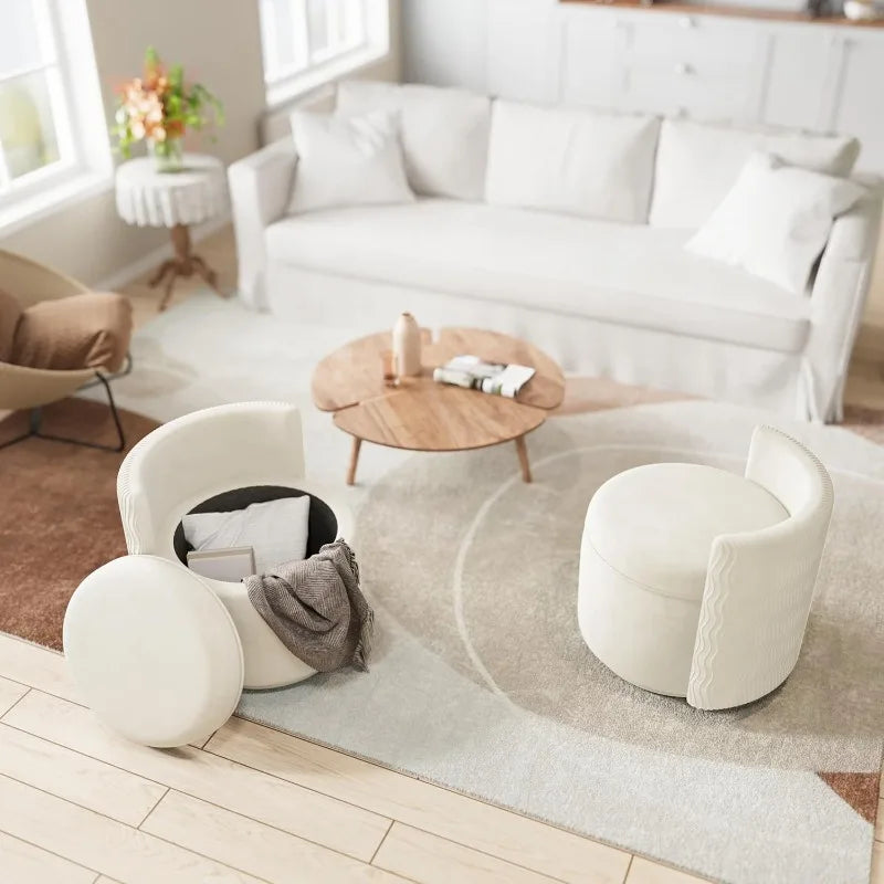 360° Swivel Accent Chair with Storage, Vanity Stool Back,Velvet Storage Ottoman,Upholstered Round Barrel Vanity Chair(Off White)