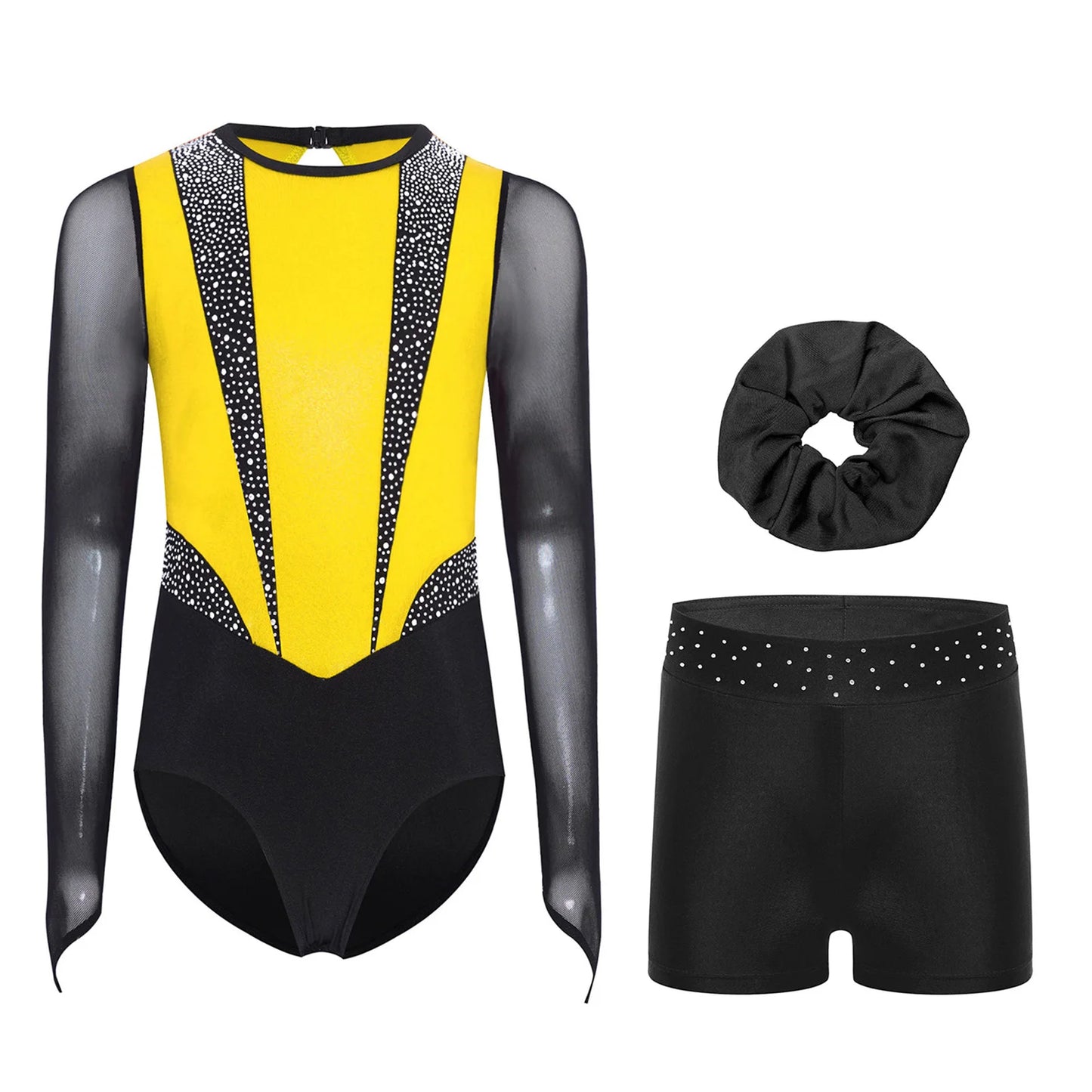 Kids Girls Ballet Gymnastics Sets Sports Tracksuit Figure Skating Dancewear Long Sleeves Rhinestones Leotard with Shorts Suit