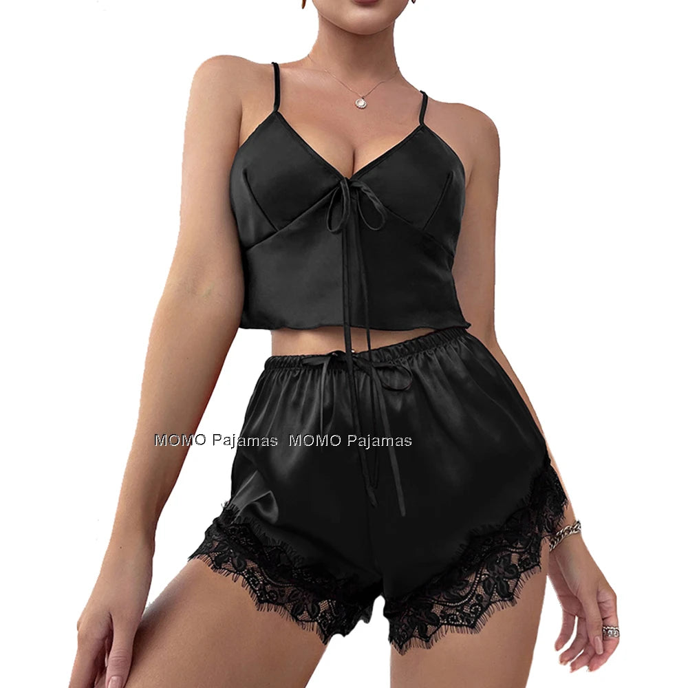 Women Pajamas Lingerie Set Satin Silk Camisole Shorts Sets Lace Two Pieces Sleepwear Top Shorts Nightwear Suits Underwear Pyjama