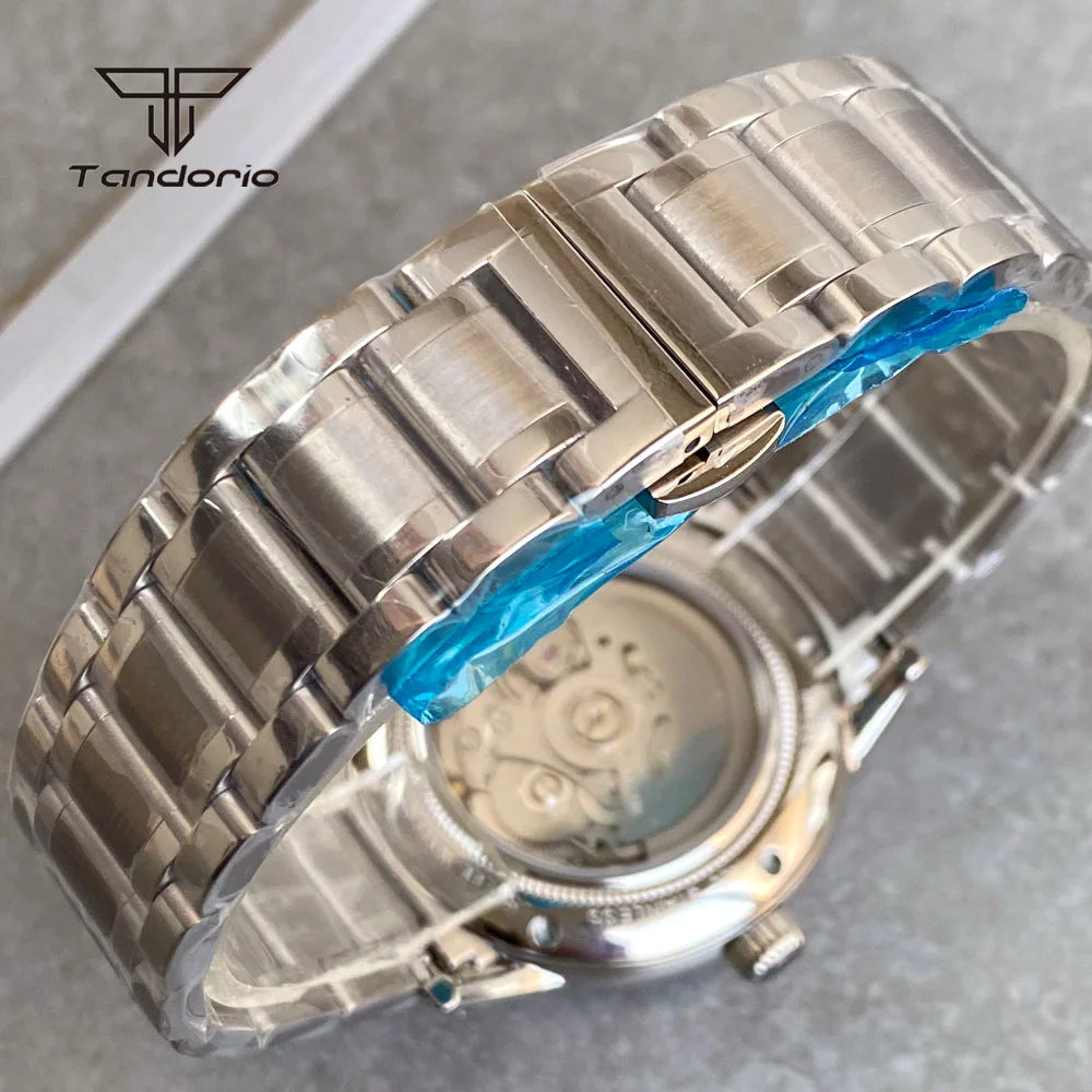 Tandorio Custom NH34 40mm Automatic Watch Double Domed Sapphire Date GMT Polished Dive Wristwatch for Men 20BAR Transparent Back