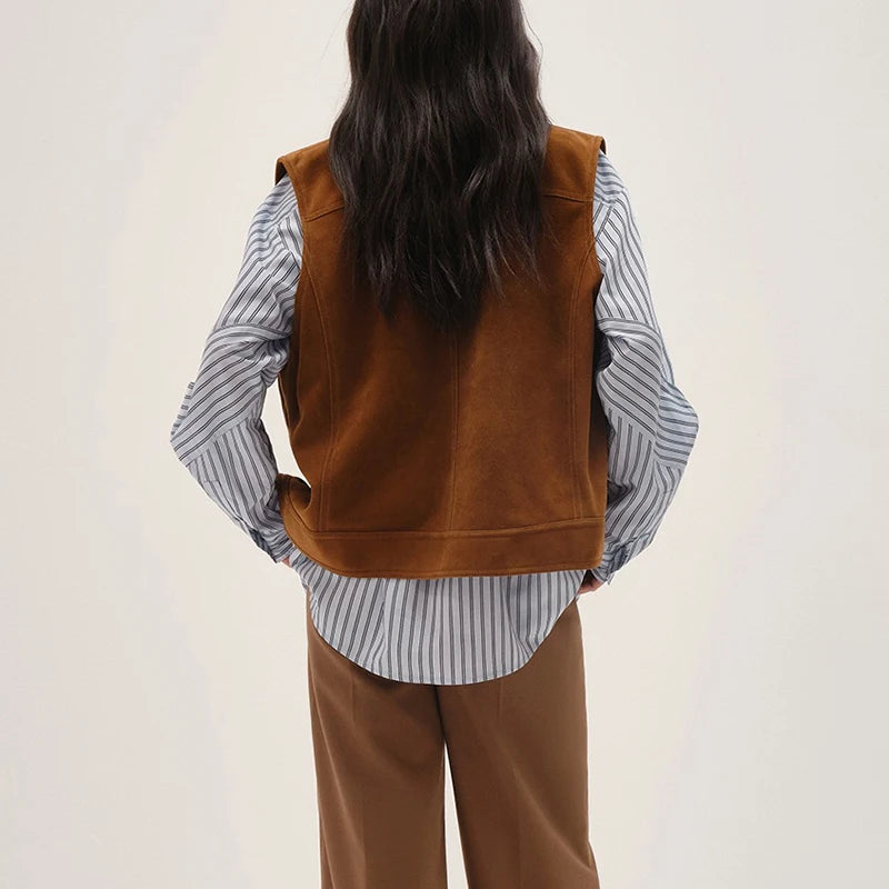 Sheepskin Suede Vest Women Spring Unisex Vintage Style Lapel Single-Breasted Yellowish Brown Genuine Leather Sleeveless Jackets