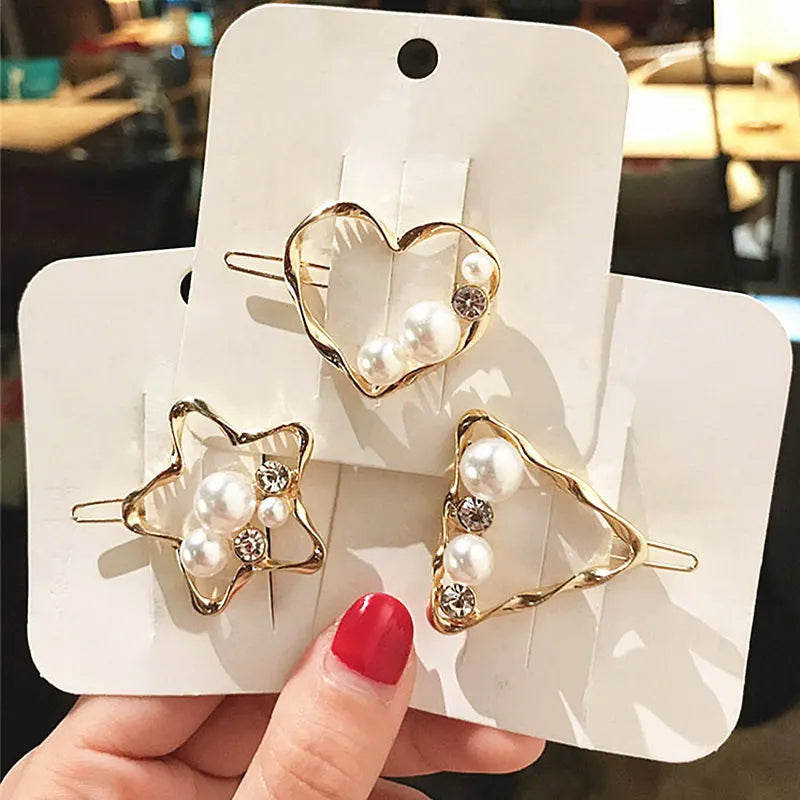 Fashion Pearl Hairpin Geometric Crystal Heart Triangle Hair Clip Women Hair Clips Barrettes Hair Styling Accessories