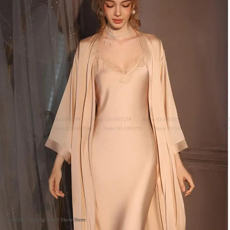 Elegant Female Twinset Robe Set Long Kimono Bathrobe Gown Sexy Lace Nightgown Lingerie Spring Autumn New Sleepwear Home Dress