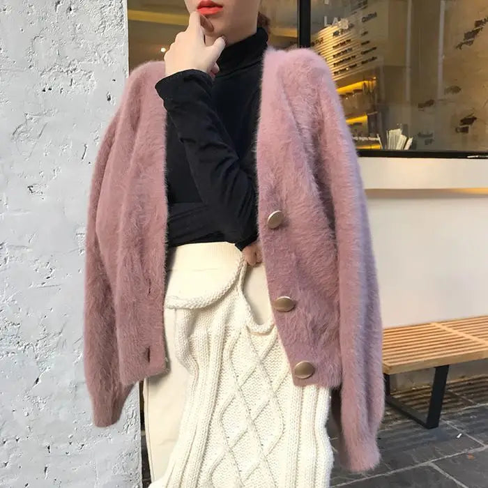 Women Autumnn New Chic Fashion Fluffy Soft Plush V-neck Knitted White Cardigan Sweater Coat Korean Fashion Tops Y2k