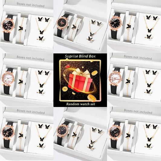 6PCS Women's Watch Set Trendy Versatile Butterfly Elements Quartz Watch Bracelet Necklace Earrings Ring Set Perfect Gift for Her