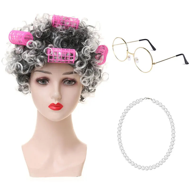 Granny Wig Cos Halloween Granny Curly Hair Charterer Stage Show Wig Cover Props