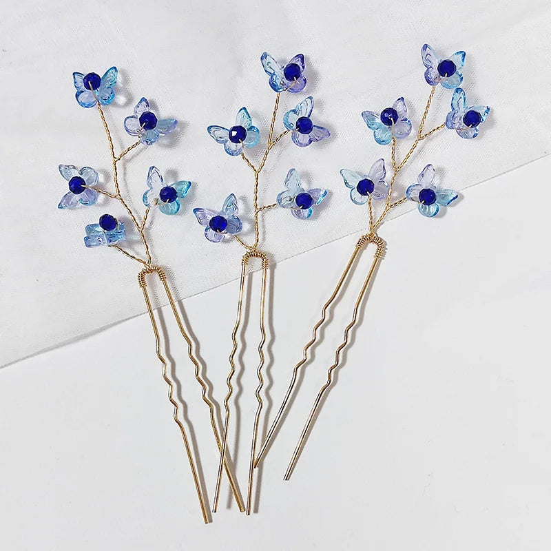 3PCS Women Blue Color Flower Hairpin Stick Wedding Bridal Crystal Pearl Hairpin U Shaped Hair Clip Barrettes Hair Accessories