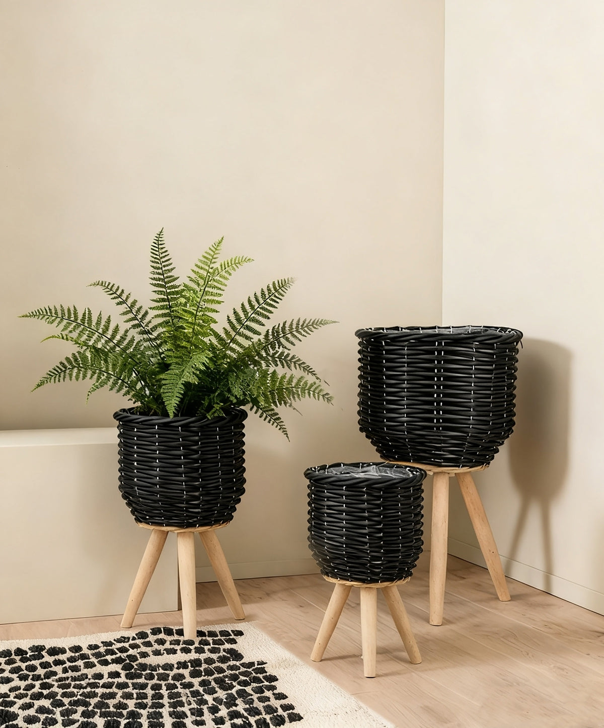 Set of 3 Black Woven Rattan Basket Planters on Wood Legs