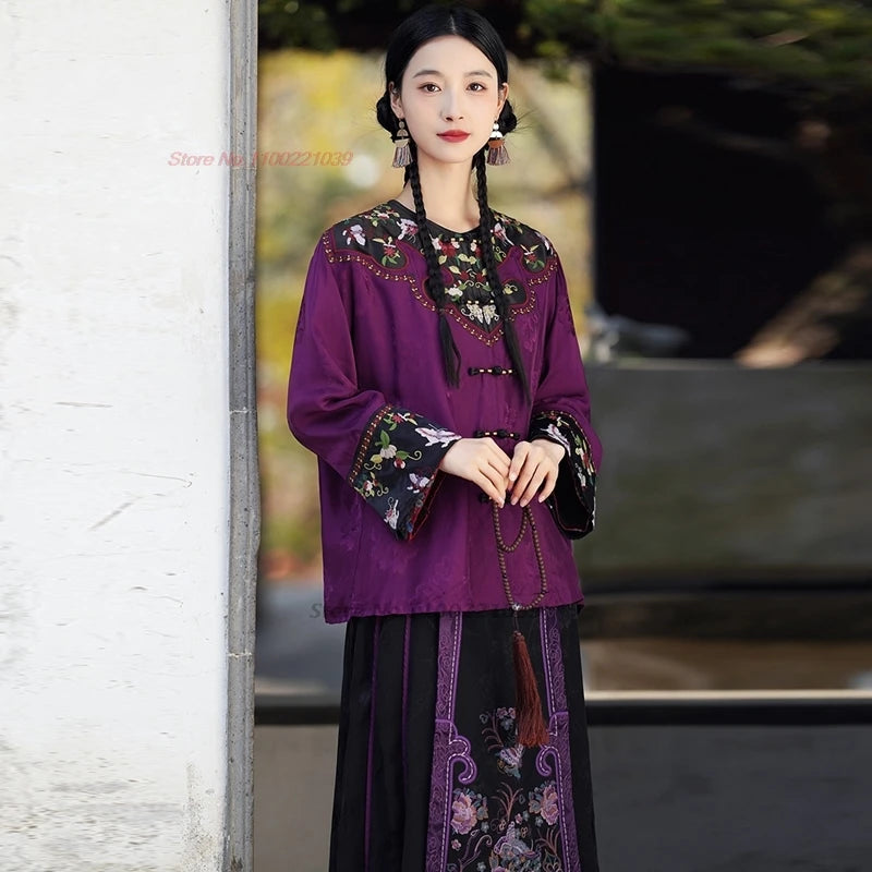 2025 traditional chinese vintage coat national flower embroidery hanfu tops retro o-neck ethnic jacket satin jacquard folk coat
