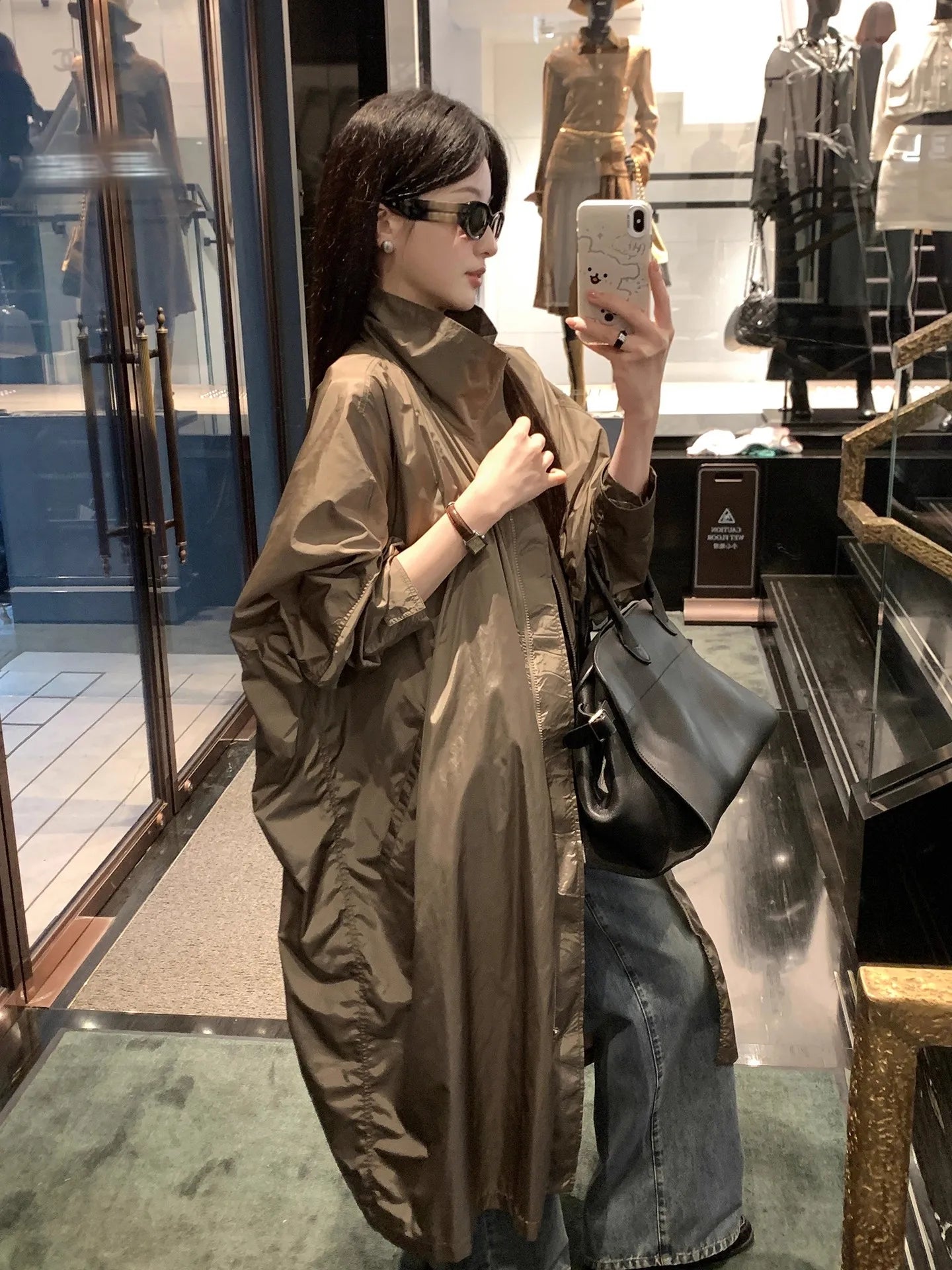Lautaro Spring Autumn Long Waterproof Windproof Oversized Coat Women Stand Collar Zip Up Loose Casual Luxury Designer Clothes