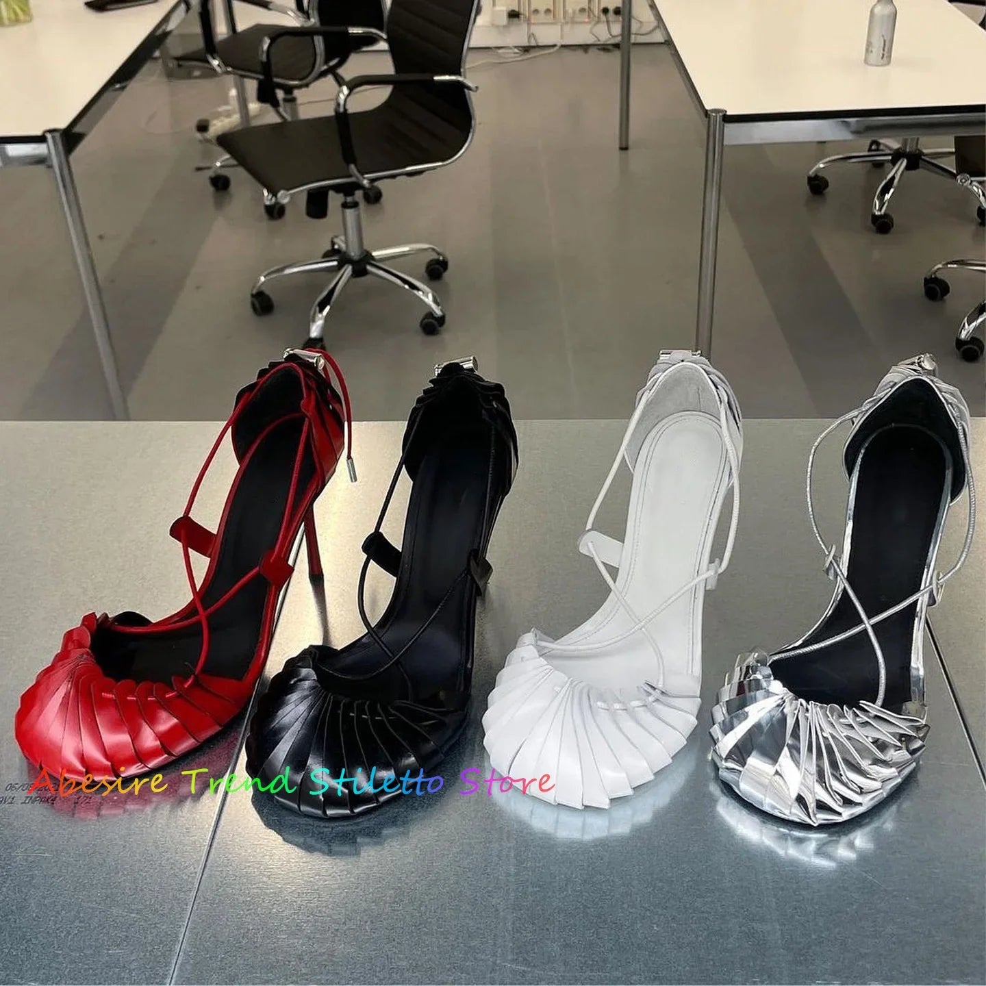 Black Leather High Heel Sandals Women Summer New Round Toe Drawstring Fastening Stiletto Heel Lace Up Party Dress Shoes