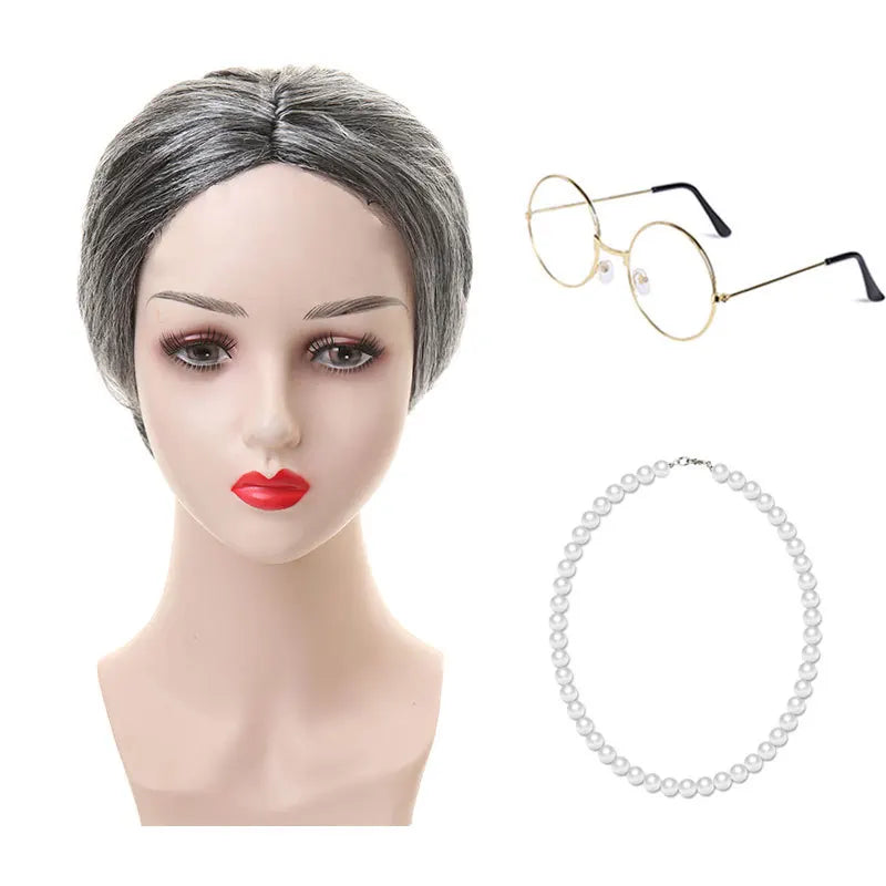 Granny Wig Cos Halloween Granny Curly Hair Charterer Stage Show Wig Cover Props