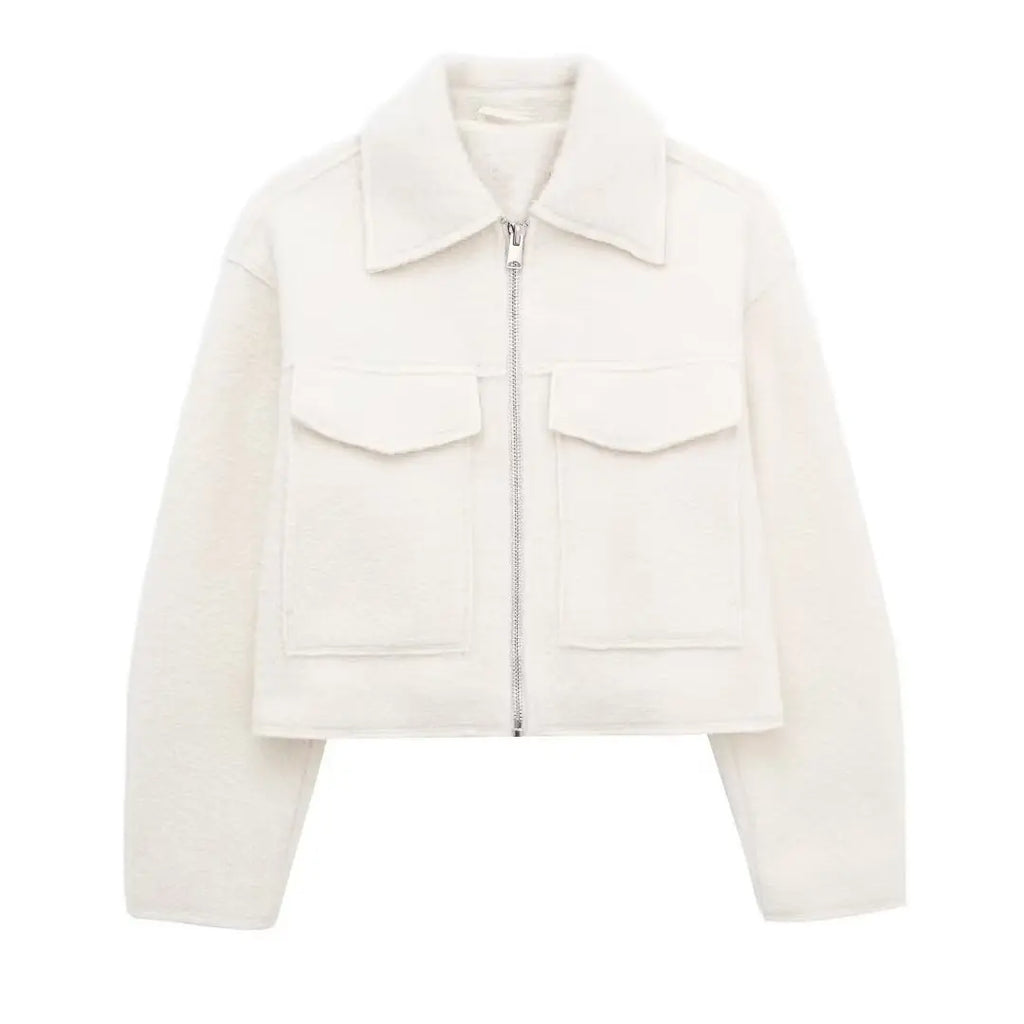 TRAFZA Women Elegant Solid Coat With Front Flap Pocket Zipper Long Sleeve Bomber Jacket 2024 Autumn Winter Casual Y2K Outerwear