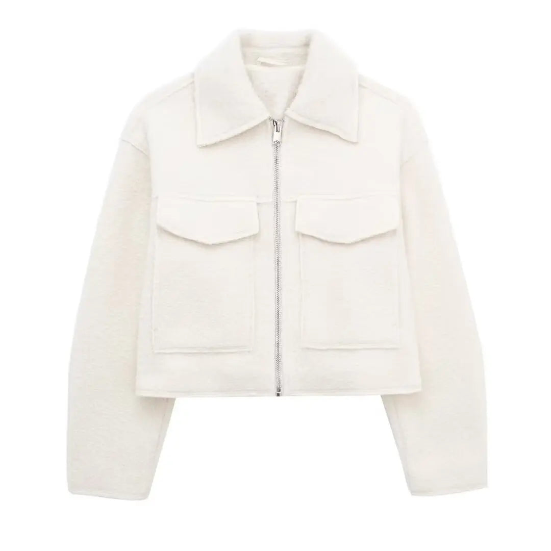 TRAFZA Women Elegant Solid Coat With Front Flap Pocket Zipper Long Sleeve Bomber Jacket 2024 Autumn Winter Casual Y2K Outerwear