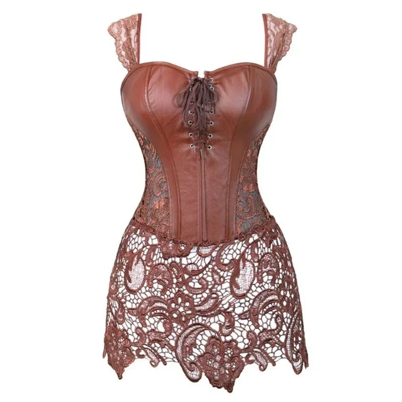 Women's Sexy Burlesque Lingerie Gothic Faux Leather Steampunk Corset Black Lace Bustier Overbust Corsage Korsett Corsets Top