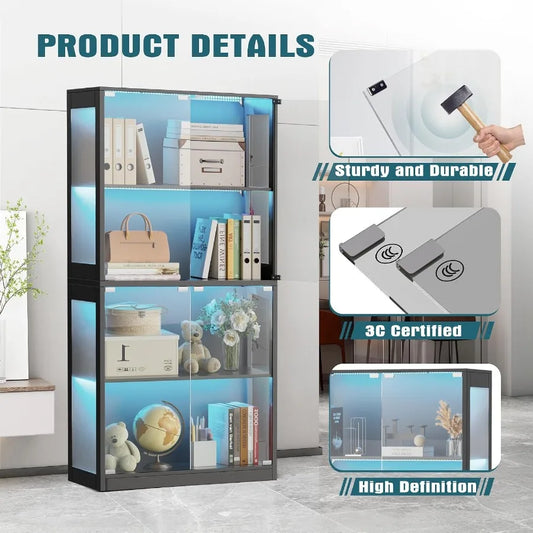 Display Cabinet with Glass Doors for Collectibles, Tempered Glass, White, 4-Tier Design with 12 Color LED Lights and Adjustable