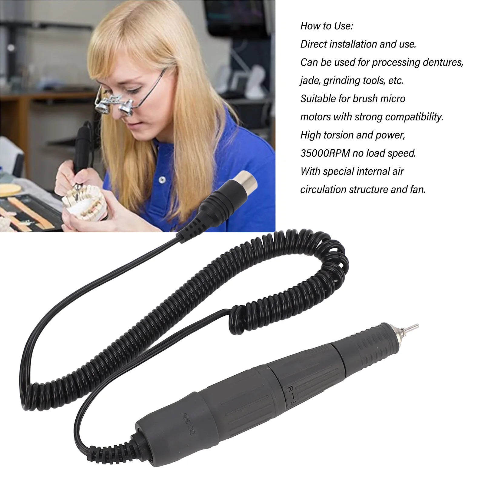 Polishing  Motor Handle Micromotor Handle  Motor Handpiece CW CCW 35000RPM with Carbon Brush for Polishing Grinding
