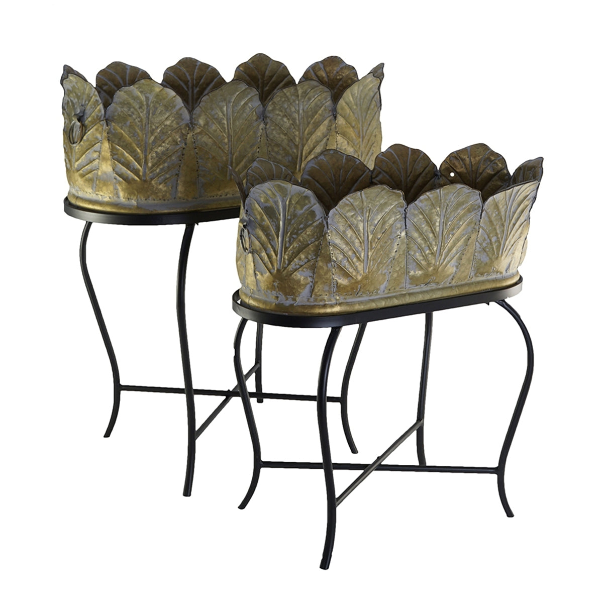 Set of 2 Metal Planters with Iron Leg Stands in Graduated Sizes