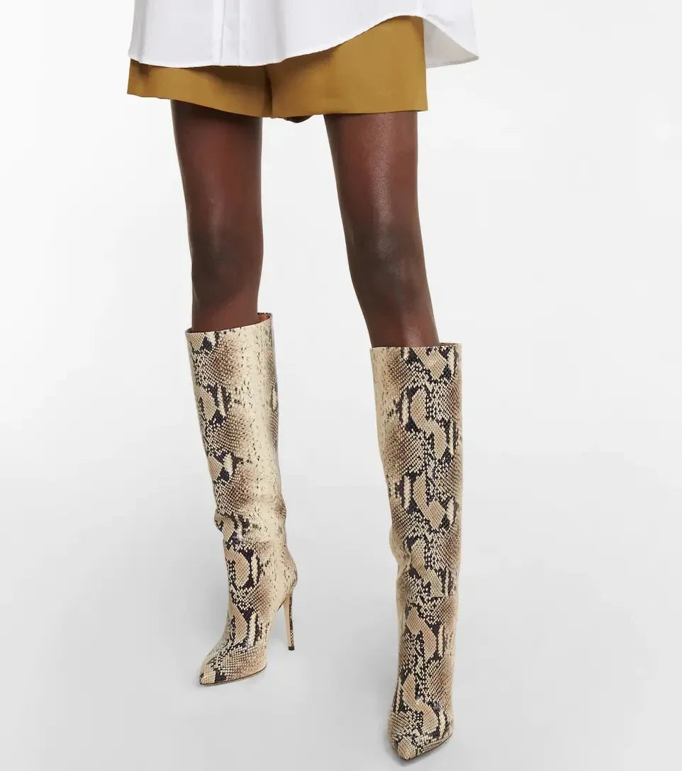 Sexy Serpentine Print Knee-High Boots Pointed Toe Solid Patent Leather Cover Heel Pleated Slip On Fashion 2024 New Arrivals