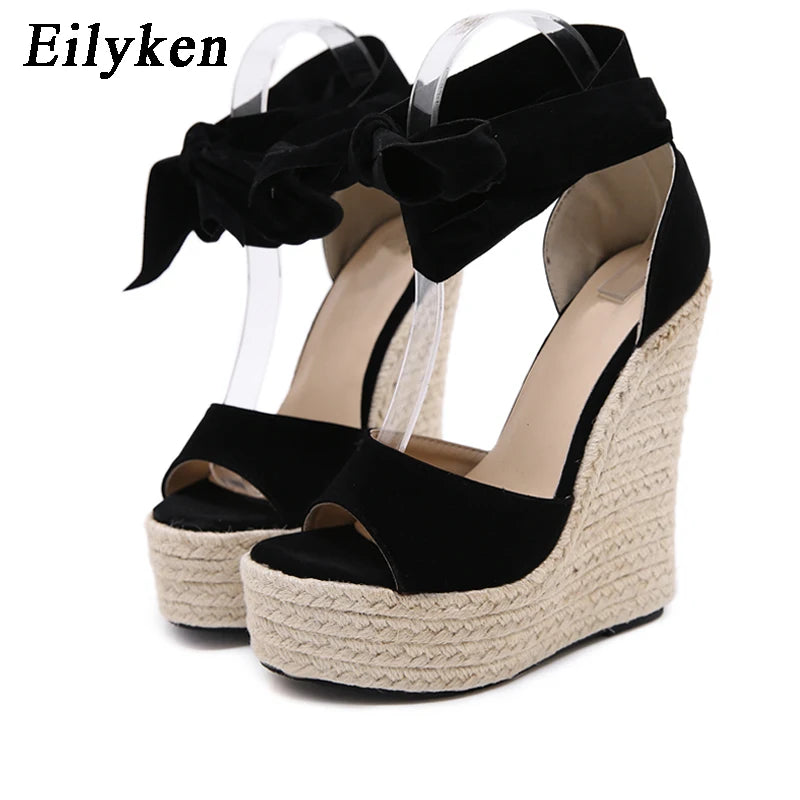 EilyKen Women Summer Butterfly Knot Solid Black Open Toe Sandals Fashion Platform High Heel Wedge Shoes Ankle Bowtie Dress Pumps
