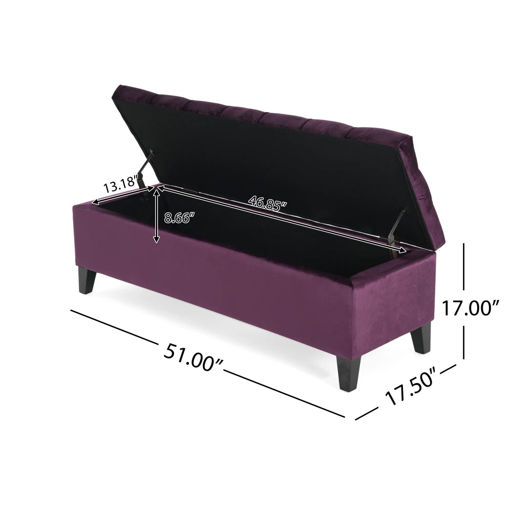 Purple Velvet Storage Ottoman - Button-Tufted Bed Bench w/Hidden Compartment, Modern Bedroom & Living Room Decor