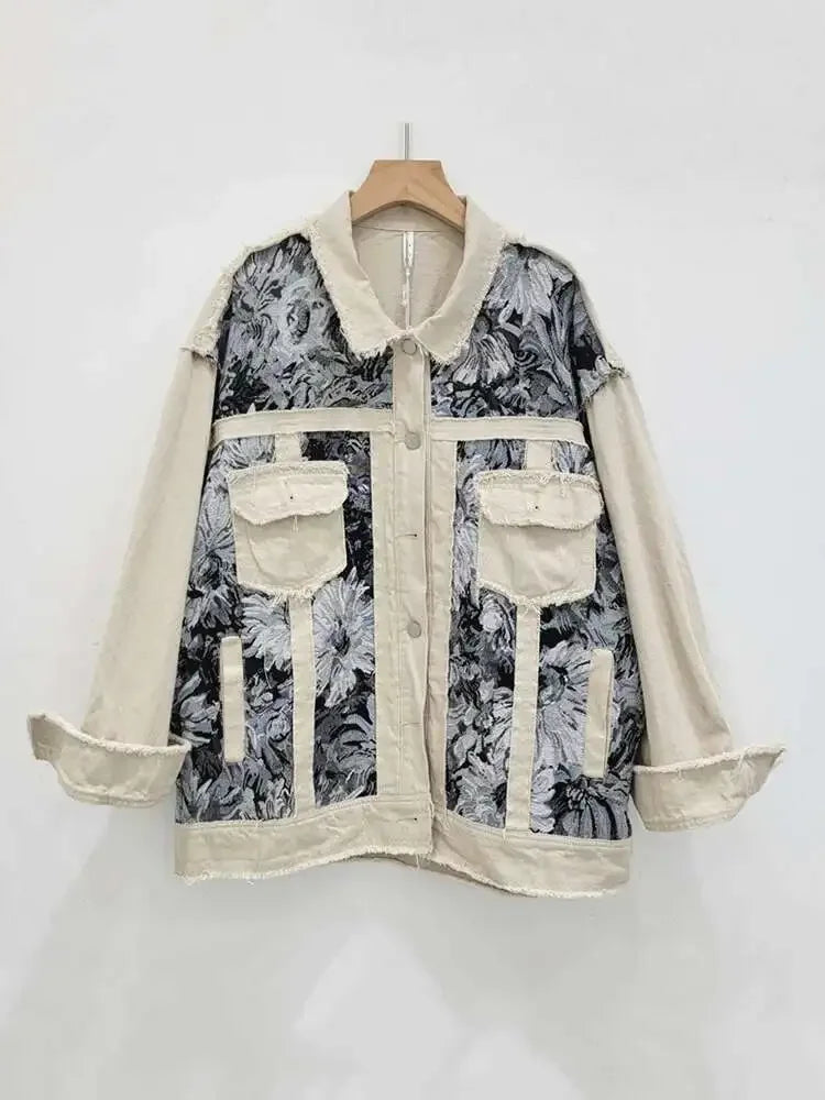 Vintage Trendy Women's Patchwork Print Loose Coat  Summer Fashion Turn-down Collar Long Sleeves Jacket Female