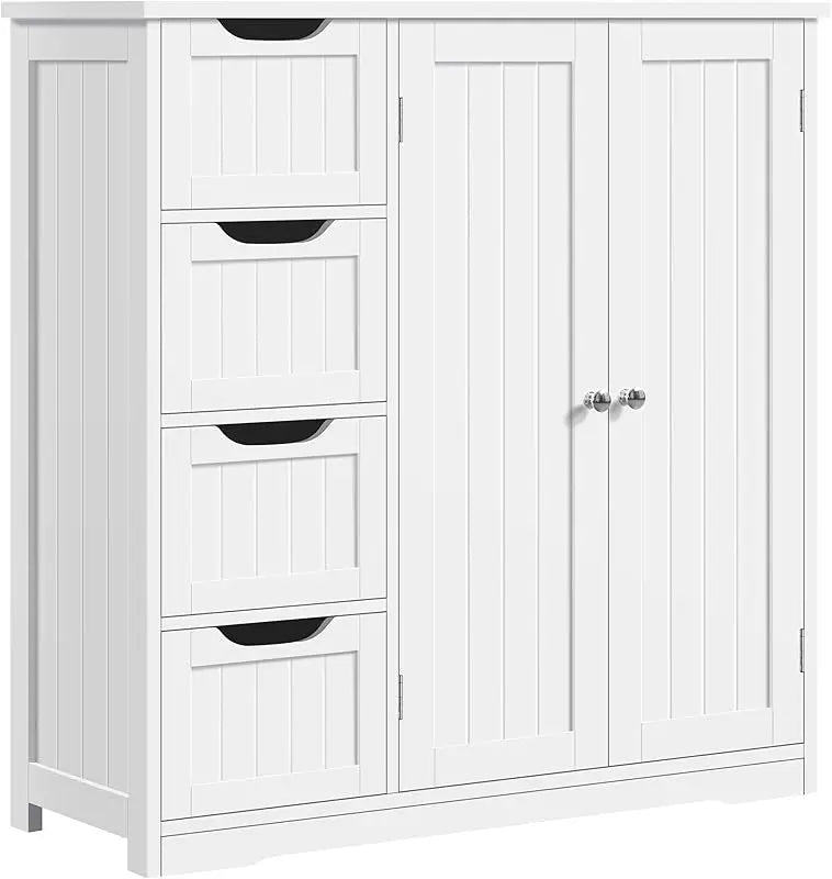 Wooden Bathroom Floor Cabinet, Side Storage Organizer Cabinet with 4 Drawers & Double Doors, Freestanding Entryway Sto