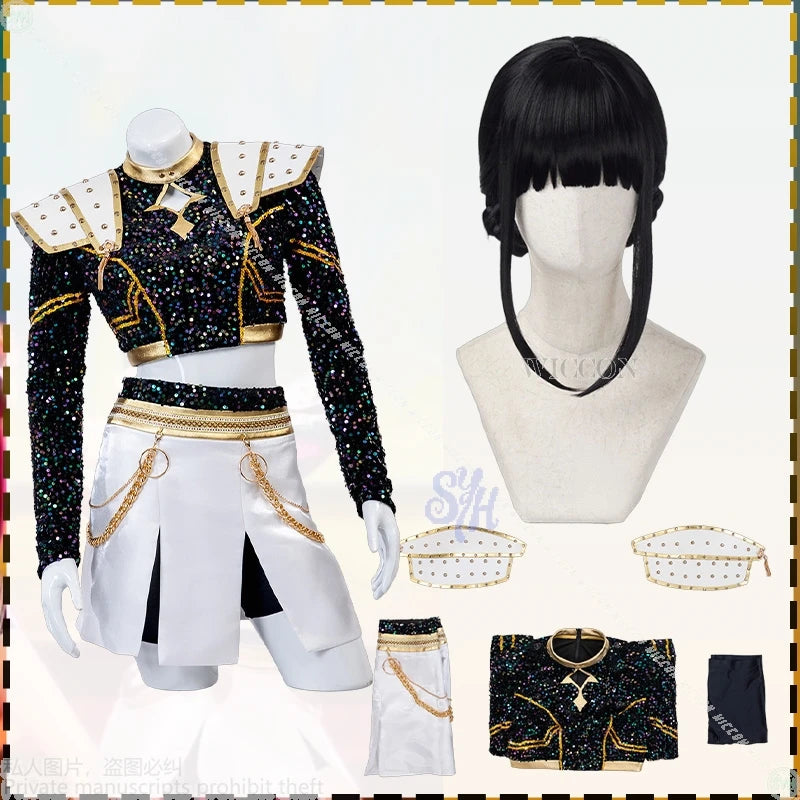 Huntrix Zoey Kpop Demon Cosplay Anime For GOLDEN Stage Uniform Black Coat White Mini Dress Kawaii Jirai Kei Girls Korea Idol Cos