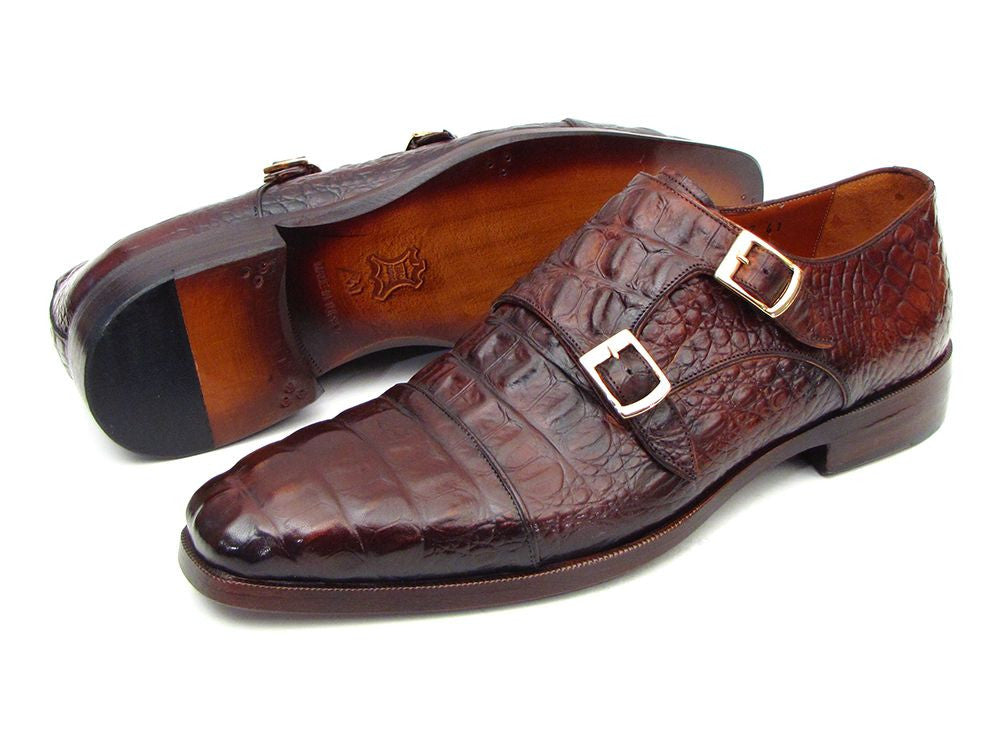 Paul Parkman Men's Double Monkstraps Brown & Bordeaux Crocodile