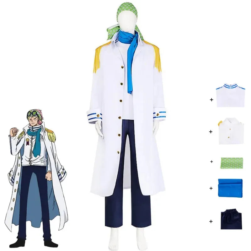asdh8@Anime Coby Cosplay Costume Marine Sword Member Military Uniform White Long Cloak Coat Scarf Adult Man Halloween Carnival S