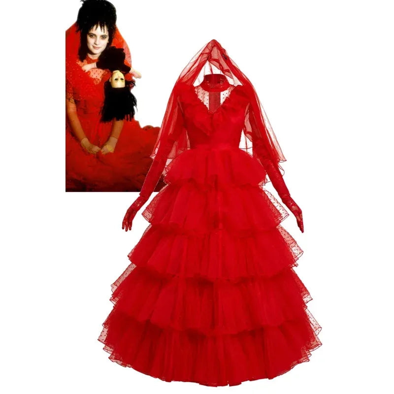 New 2025 Beetle Cosplay Juice Costume Lydia Red Wedding Dress Outfits Women Retro Long Sleeve Lace Tulle Bride Gown Hallo eqs9X