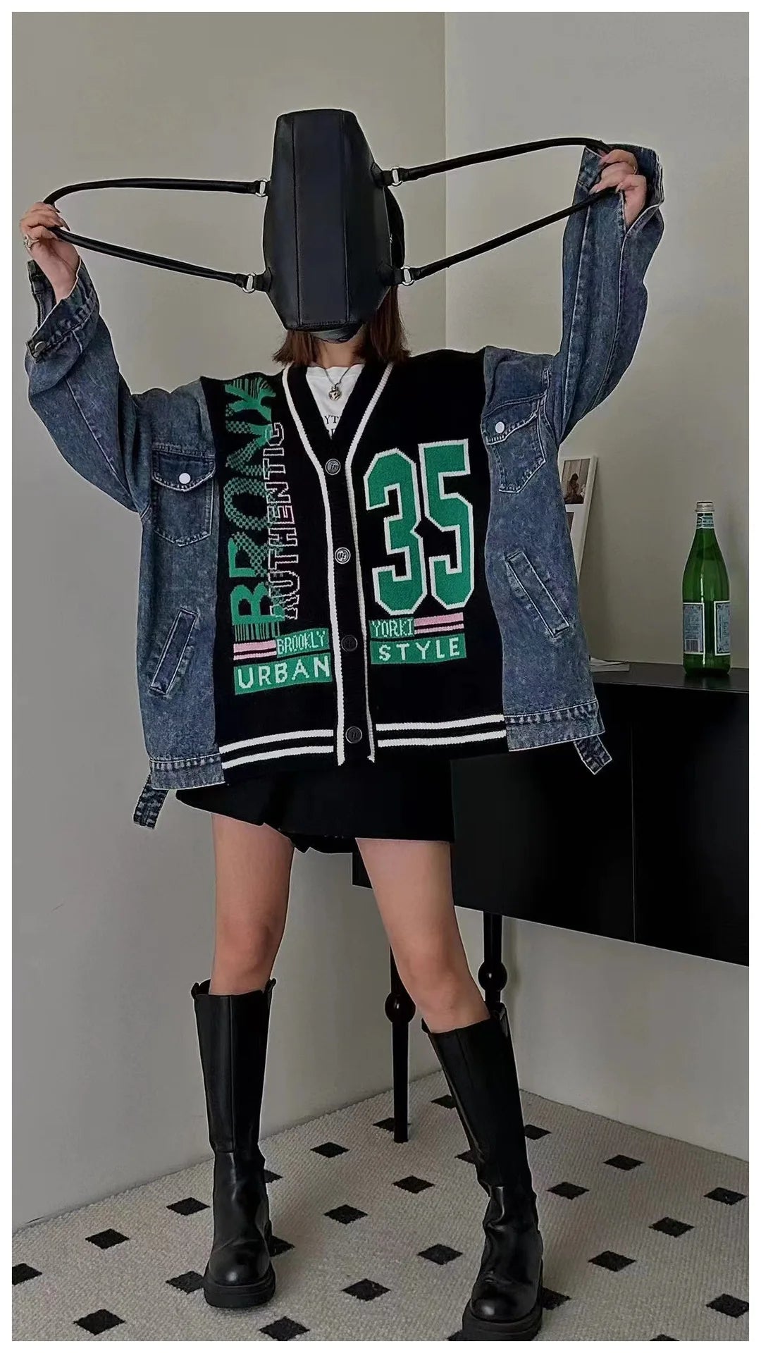 Denim Splicing Knitted Sweater Cardigan Jackets Woman Japanese Korean Fashion V Neck Oversized Coat Vestidos Y2k Clothes Outwear