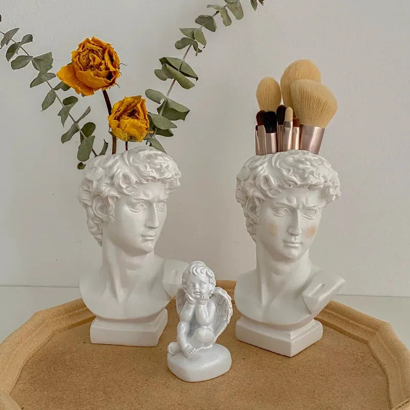 Nordic Portrait Vase Human Head Flower Vase Cachepot Resin David Sculpture Pen Holder Makeup Brush Storage Box Desk Accessories