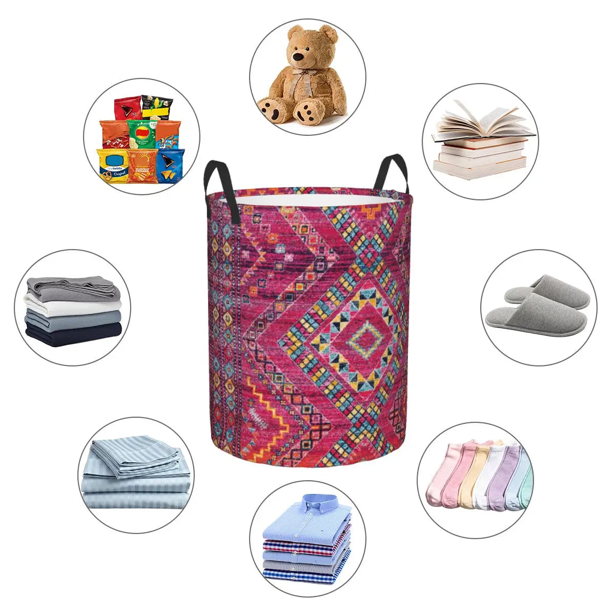 Pink Oriental Bohemian Moroccan Artwork Laundry Basket Foldable Bohemian Clothes Hamper for Baby Kids Toys Storage Bag