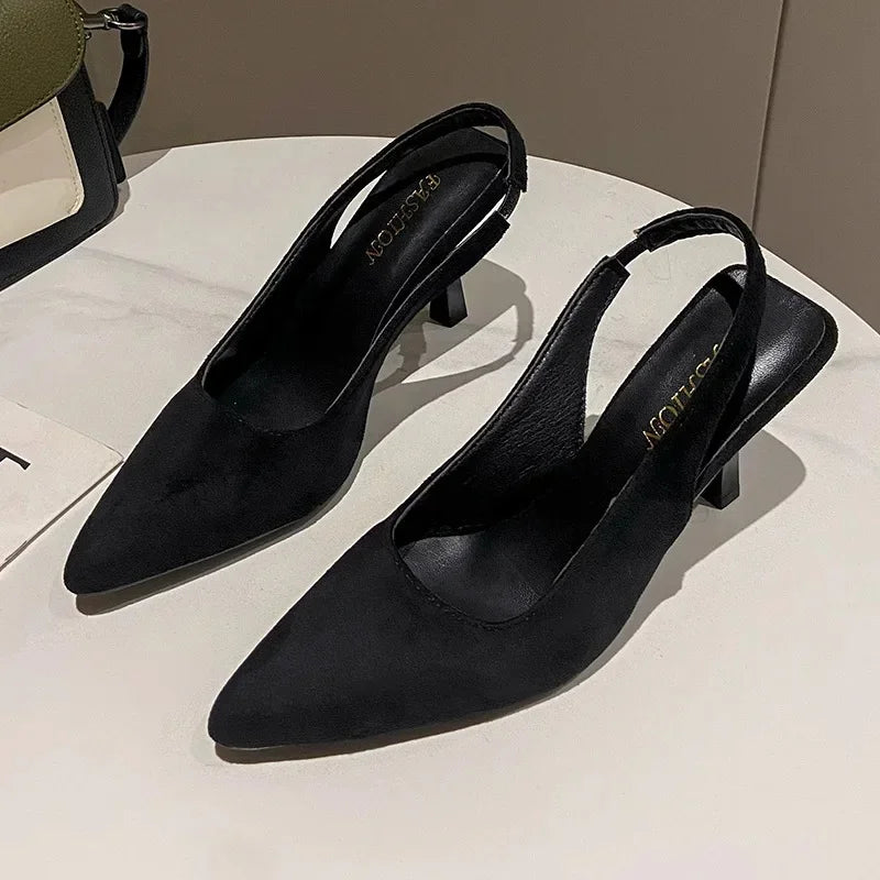 French Style Women's High Heels 2025 Summer New Elegant Faux Suede Leather Pointed Sexy Party Sandals Single Shoes Plus Size 43