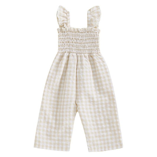 Toddler Baby Girls Summer Clothes Sweet Plaid Bodysuit Fly Sleeves Smocked Rompers Wide Leg Jumpsuit Holiday Party Daily Wear