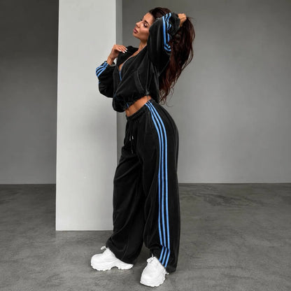 2026 New Velvet Contrasting Three-bar Sports Suit Women's Stand-up Collar Zipper Jacket High-waisted Drawstring Wide-leg Sweatpa