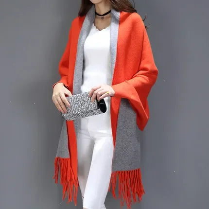 New Colors Black Women Outstreet Loose Knitwear Capes Solid Autumn Winter Knitted Batwing Sleeves Long Poncho Female Tassel Coat