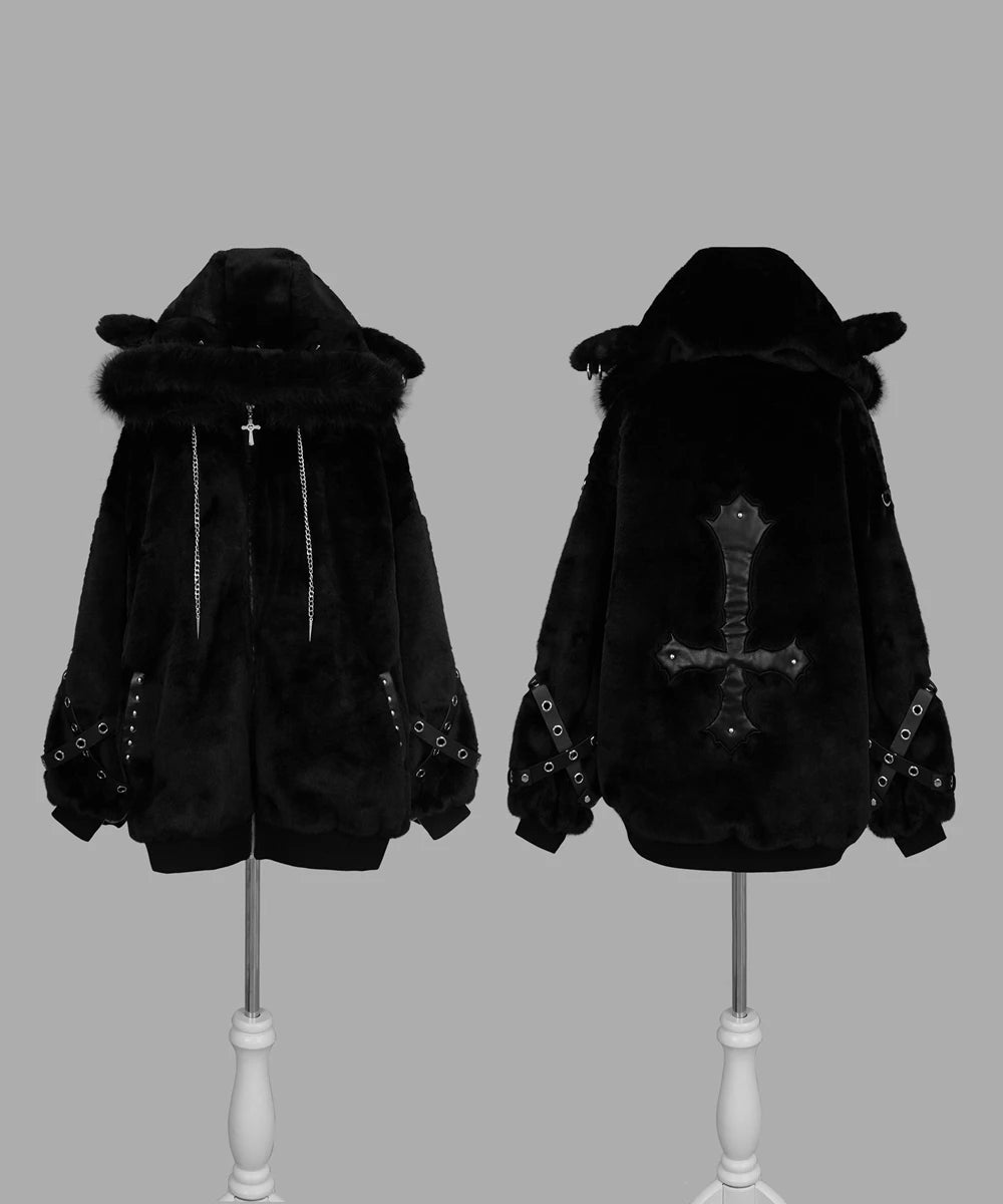 Japanese Mine Series Riveted Cross Sheep Ear Hooded Jacket Winter New Goth Punk Dark Girls Imitation Fur Plush Coat Women