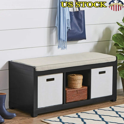 Indoor Storage Bench with 3 Cube Compartments Stylish Cushioned Seating Organizer Living Room Mudroom Hallway