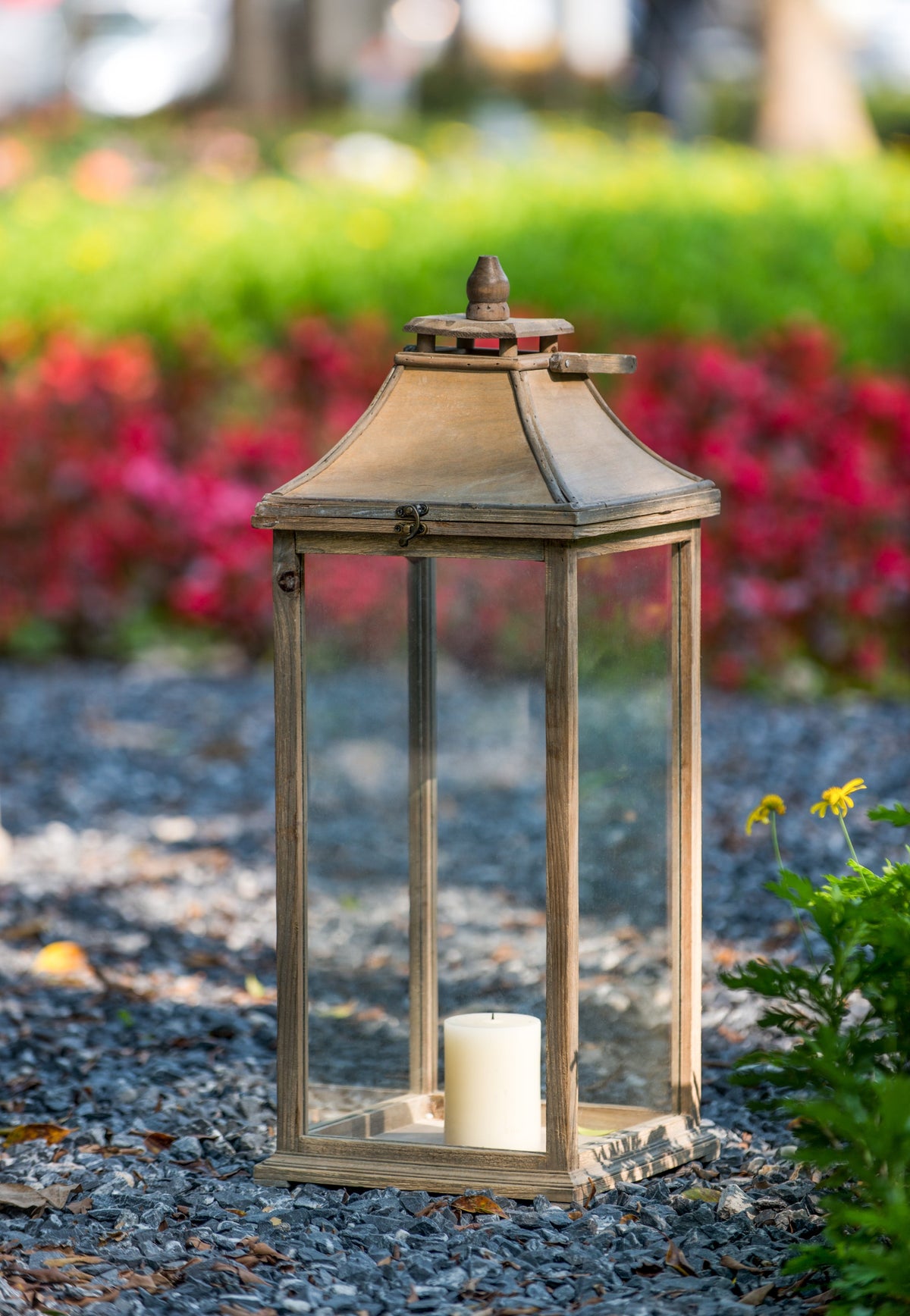 Set of 2 Ivory Wood & Glass Candle Lanterns