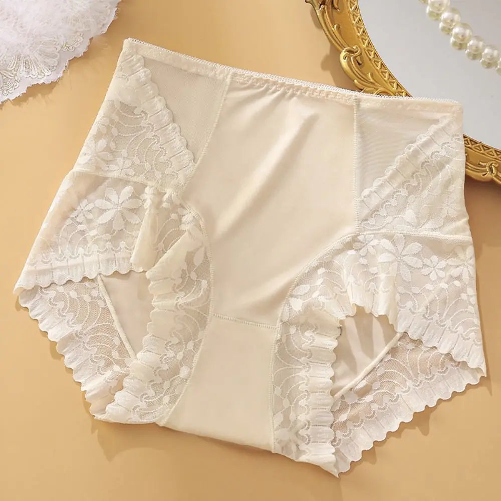 Satin Women Silk Panties Lingeries Belly Contracting Plus Size Briefs High Waist Solid Color Ice Silk Lace Underpants Girls