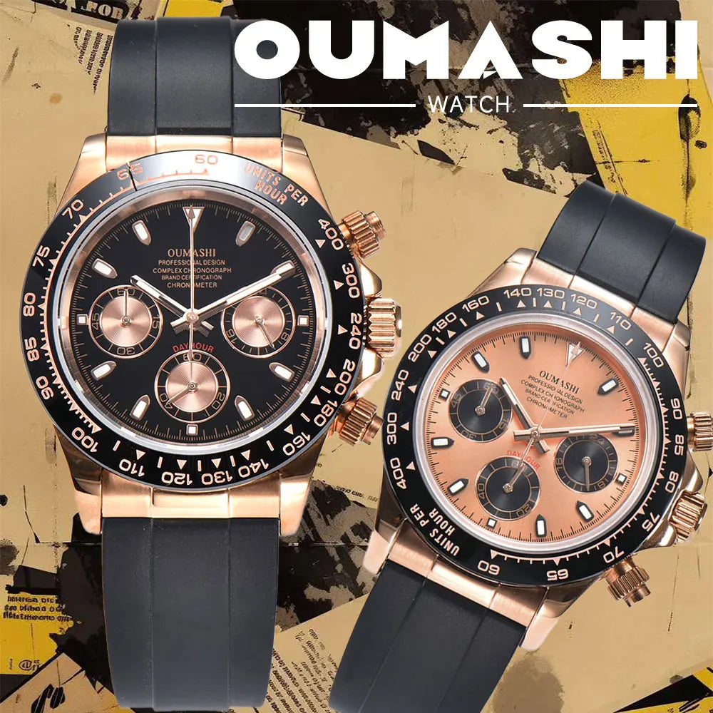 Luxury rose gold men's wristwatch VK63 movement chronograph sapphire glass rubber strap business men's waterproof wristwatch